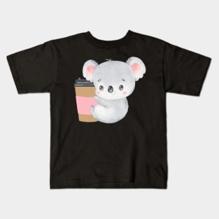 Cute Koala Drinking Coffee Koala Drinks Coffee First Sleepy cat I need coffee addict Kids T-Shirt